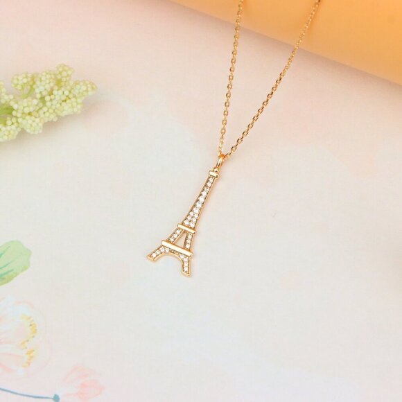 "Rose Gold Eiffel Tower Pendant Necklace with Sparkling Crystals, XPNL1883 - Picture 11 of 12